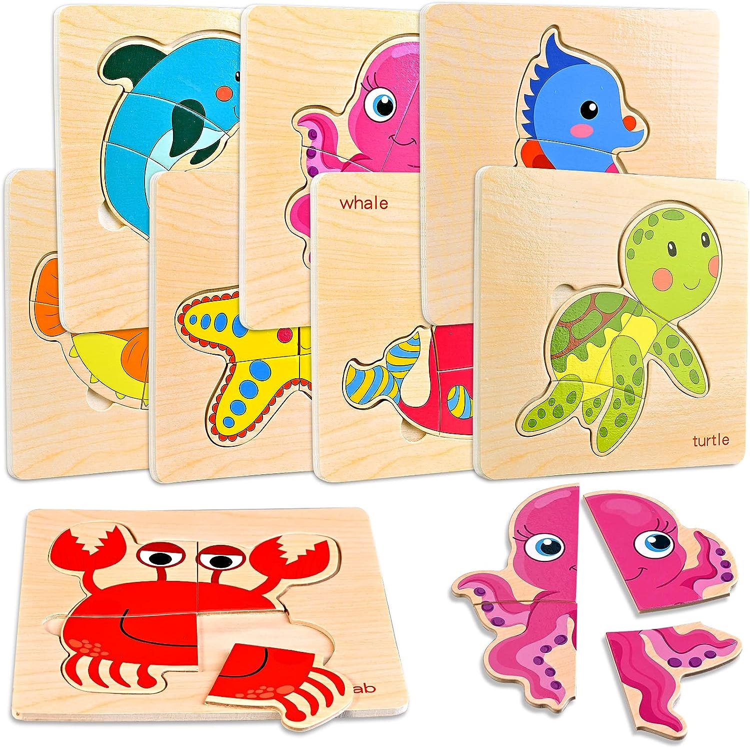 Faburo 8pcs Wooden Puzzles for Toddlers 1-3, Toddler Puzzles Ages 2-4, Montessori Toys for 1-3+ Years Girl Boy, Sea Animal Puzzle for Kids, Jigsaw Puzzles Educational Toys Preschool Puzzles for 1-3