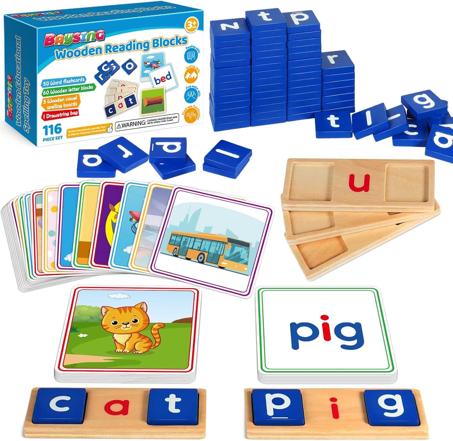 Learning Toys for 3 4 5 Years Old Kids - 116Pcs Short Vowel Letters Sorting Spelling Reading Toy Set with Double-Sided Flash Cards, Preschool Kindergarten Learning Activities Toy for Boys Girls