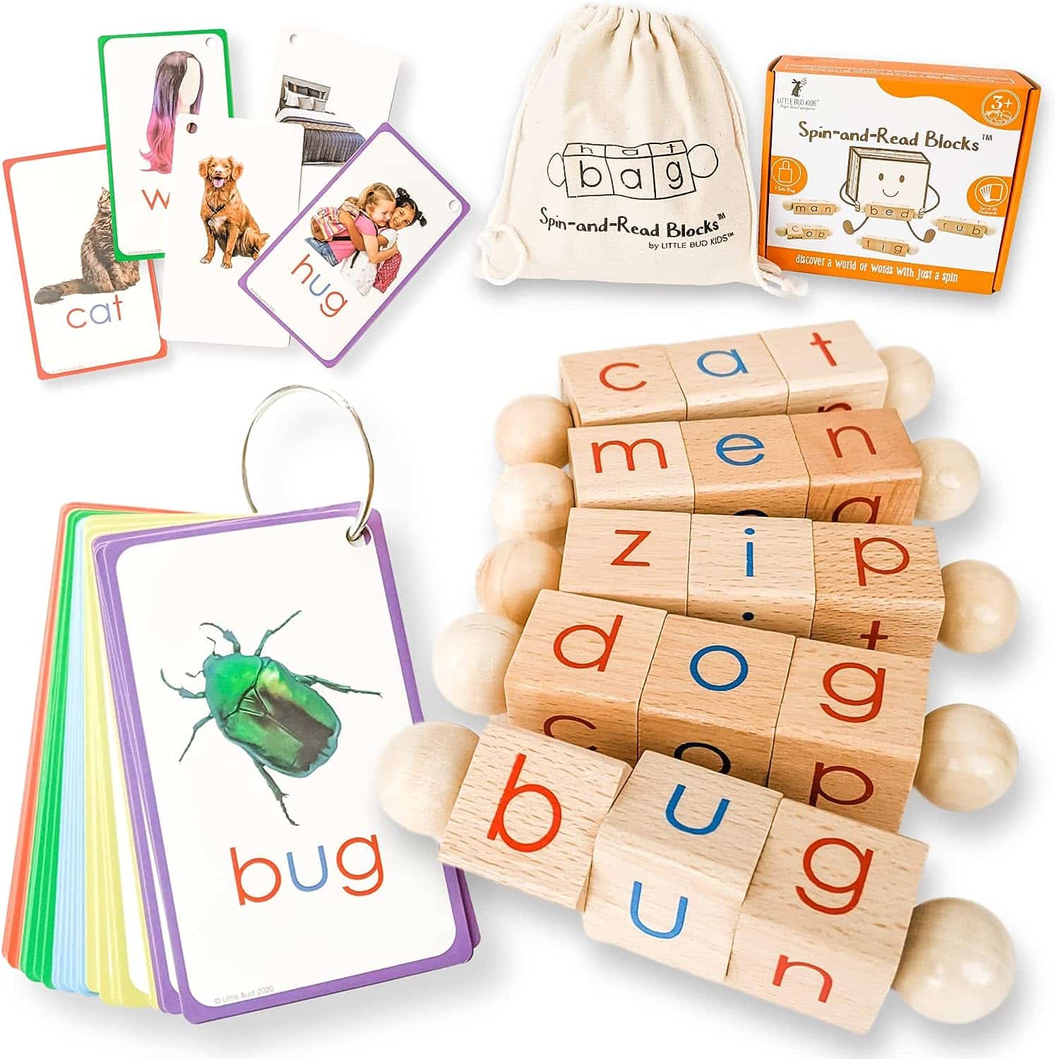 Spin-and-Read Montessori Phonetic Reading Blocks with CVC Phonics Flashcards for Beginner Readers, Montessori Reading Wooden Toys for 3 Years +