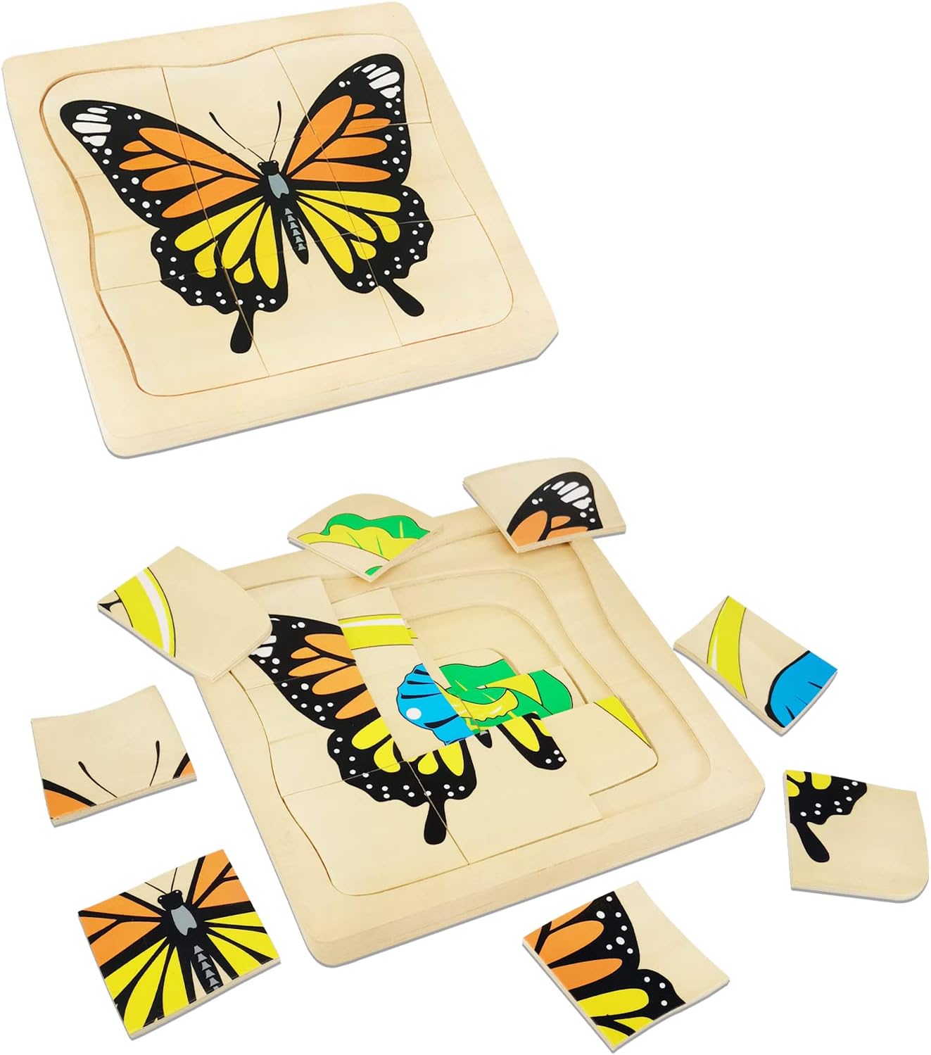 Montessori Wooden Puzzles for Kids Ages 4-8, 4 Layer Life Cycle of Butterfly Jigsaw Puzzle for Toddlers, Children Preschool Learning Educational Puzzles Toys for Boys and Girls (Butterfly)