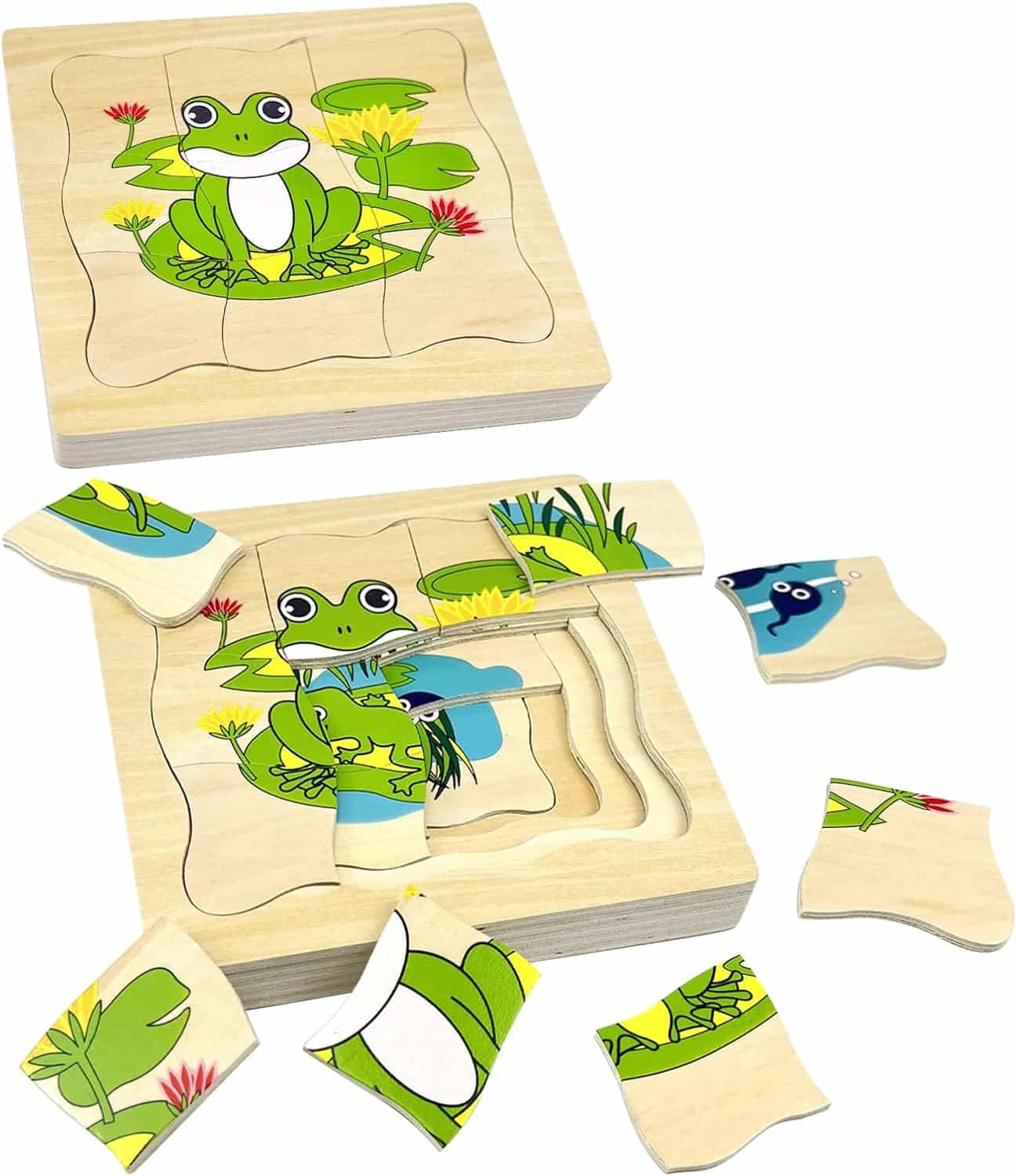 Montessori Wooden Puzzles for Kids Ages 4-8, 4 Layer Life Cycle Jigsaw Puzzle for Toddlers, Children Preschool Learning Educational Puzzles Toys for Boys and Girls (Frog)
