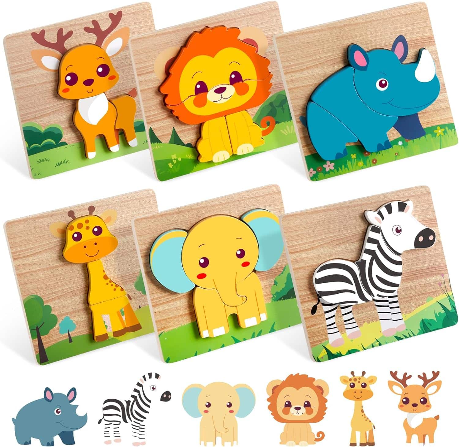 Wooden Puzzles for Toddlers 1-3, African Savannah Animals Jigsaw Puzzles for Baby Puzzles 12-18 Months, Learning Educational Puzzles for Kids Girl boy Birthday Gift Travel Autistic Wooden Toys