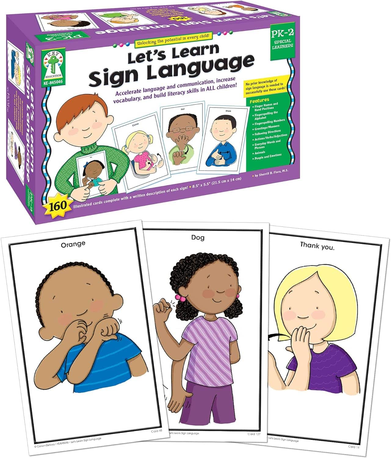 Key Education 160 American Sign Language Flash Cards for Kids, ASL Flash Cards for Kids PreK–Grade 2, ASL Cards for Beginners Covering 160 Sight Words, Alphabet, Numbers, Emotions, and More ASL Signs