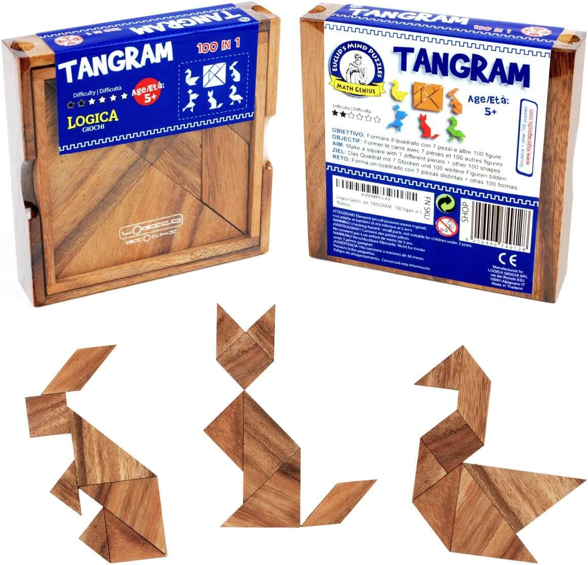 Logica Puzzles Art. Tangram - Wooden Puzzle - Brain Teaser in Fine Wood - 100 Puzzles in 1 - Educational Puzzle - Mind Puzzle - with Wooden Container
