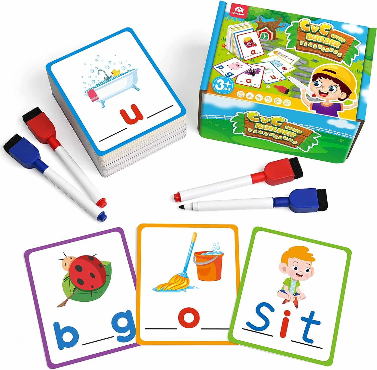 Coogam Short Vowel Spelling Flashcards, Learn to Write CVC Sight Words Color Pattern Handwriting Cards Fine Motor Montessori Educational Toy Gift for Kids 3 4 5 Years Old