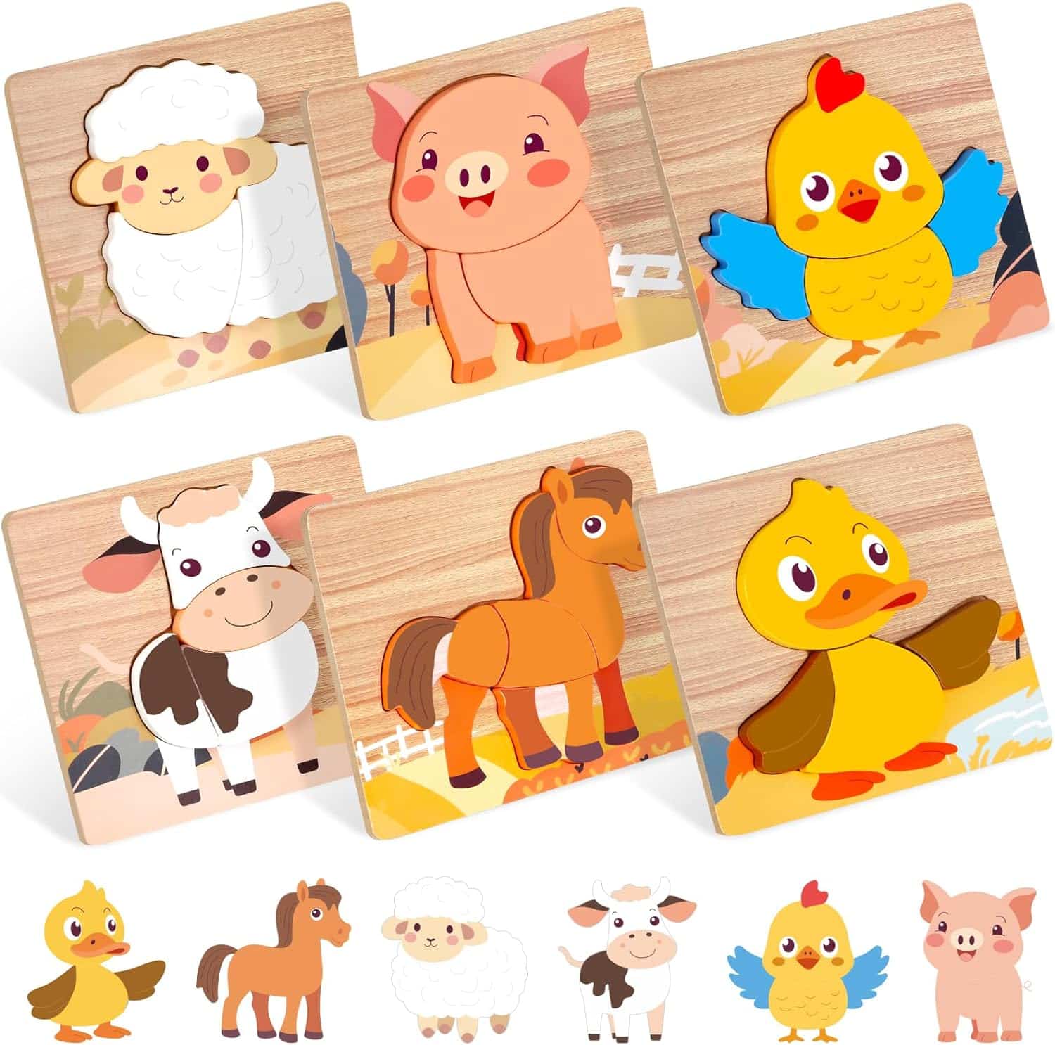 Wooden Puzzles for Toddlers 1-3, Farm Animals Jigsaw Puzzles for Baby Puzzles 12-18 Months, Learning Educational Puzzles for Kids Girl boy Birthday Gift Travel Autistic Wooden Toys