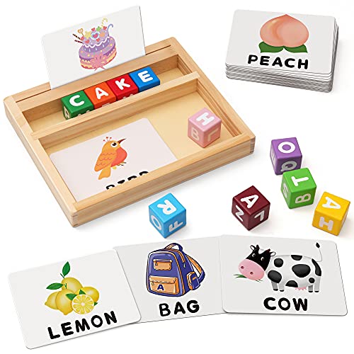 Coogam Wooden Blocks Spelling Game, Color Alphabet Letters Matching Flash Cards ABC Cubes Sight Words Learning Educational Montessori Puzzle Gift for Preschool Kids Boys Girls Age 3 4 5 Years Old