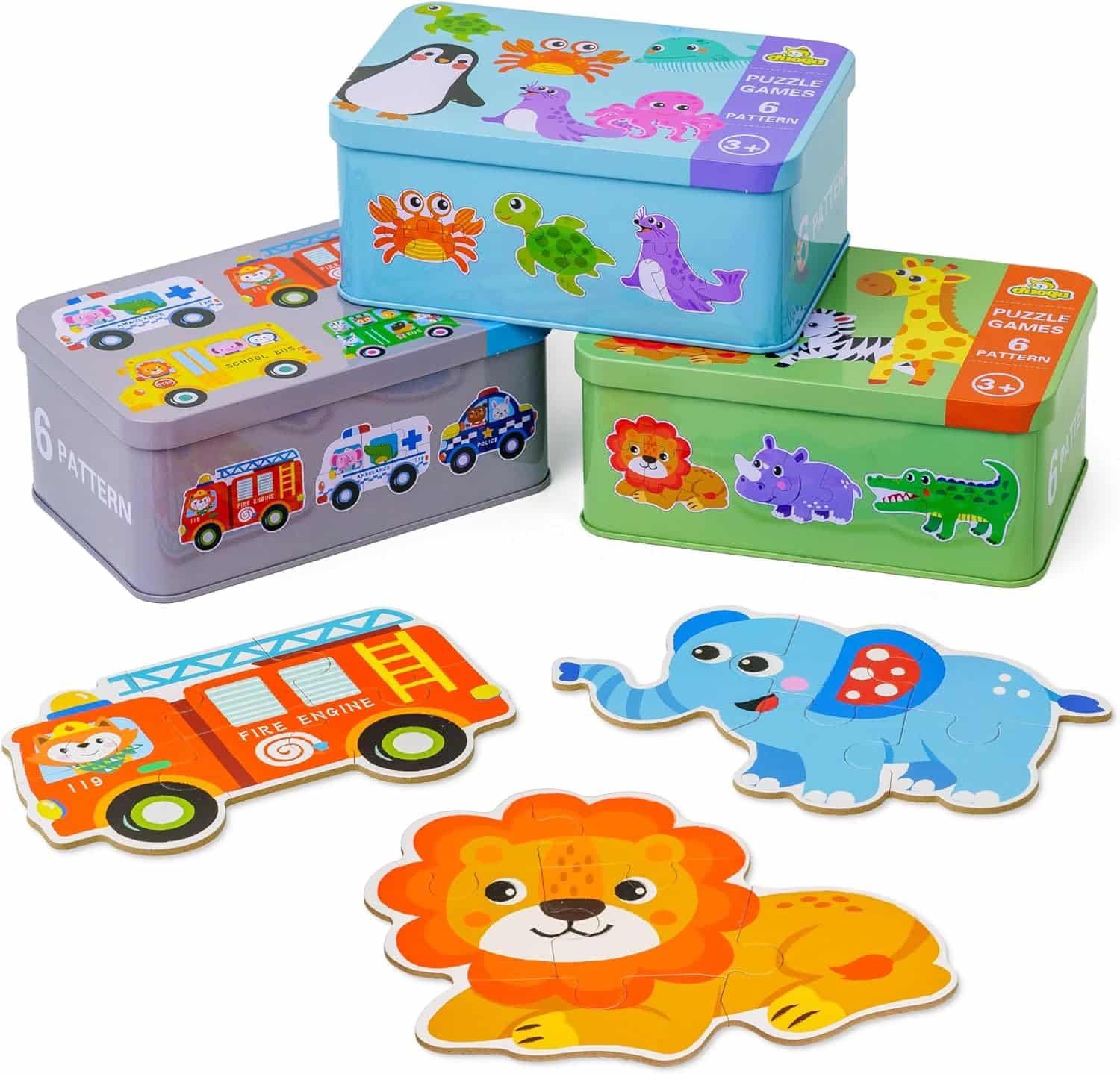 PLAYHIVE Montessori Wooden Puzzles for Kids Ages 3-5 - 3 Pack with 18 Shapes - Educational Toddler Toy Bundle - Gift for 3 Year Old Boys Girls - Wild Animals, Marine Animals & Cars Theme