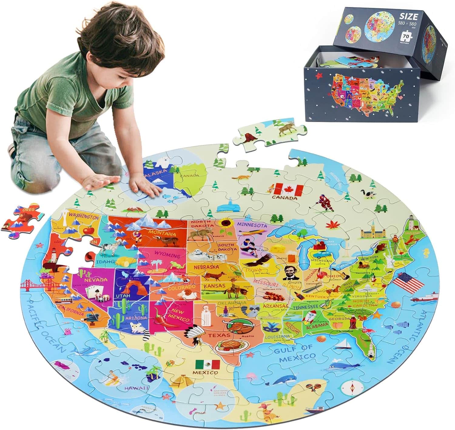 DIGOBAY United States Puzzle 70 Pieces USA Map Floor Jigsaw Puzzles for Kids Ages 4-10, Jumbo Round US Geography Puzzle 50 States with Capitals Educational Learning Toys for Boy or Girl